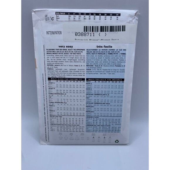 Butterick Misses Coat Jacket Pants Sewing Pattern sz 8-12 3886 - uncut - Picture 2 of 2